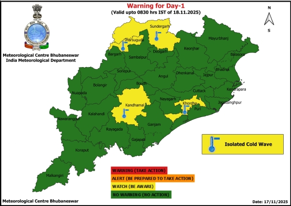 ଶୀତ ଲହରି ନେଇ ଆଗାମୀ ୨୪ ଘଂଟା ପାଇଁ ୪ ଜିଲ୍ଲାକୁ ୟେଲୋ ୱାର୍ଣ୍ଣିଂ ଶୀତ ଲହରି ନେଇ ଆଗାମୀ ୨୪ ଘଂଟା ପାଇଁ ୪ ଜିଲ୍ଲାକୁ ୟେଲୋ ୱାର୍ଣ୍ଣିଂ