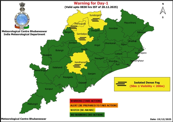 ଘନ କୁହୁଡ଼ି ନେଇ ଆଗାମୀ ୨୪ ଘଂଟା ପାଇଁ ୪ ଜିଲ୍ଲାକୁ ୟେଲୋ ୱାର୍ଣ୍ଣିଂ ଘନ କୁହୁଡ଼ି ନେଇ ଆଗାମୀ ୨୪ ଘଂଟା ପାଇଁ ୪ ଜିଲ୍ଲାକୁ ୟେଲୋ ୱାର୍ଣ୍ଣିଂ
