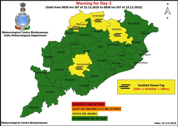 ଘନ କୁହୁଡ଼ି ନେଇ ଆଗାମୀ ୨ ଦିନ ପାଇଁ ୪ ଜିଲ୍ଲାକୁ ୟେଲୋ ୱାର୍ଣ୍ଣିଂ