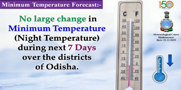 ଆଗାମୀ ୭ ଦିନ ମଧ୍ୟରେ ସର୍ବନିମ୍ନ ତାପମାତ୍ରା(ରାତ୍ରି ତାପମାତ୍ରା)ରେ ବିଶେଷ ପରିବର୍ତନର ସମ୍ଭାବନା ନାହିଁ