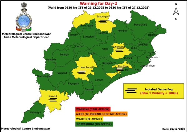 ଘନ କୁହୁଡ଼ି ନେଇ ଆଗାମୀ ୨ ଦିନ ପାଇଁ ୫ ଜିଲ୍ଲାକୁ ୟେଲୋ ୱାର୍ଣ୍ଣିଂ-୨
