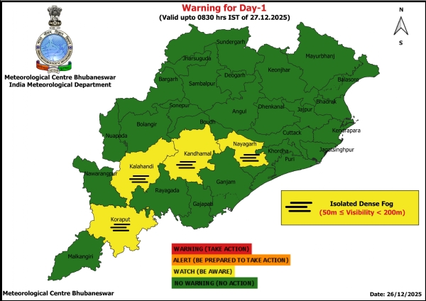 ଘନ କୁହୁଡ଼ି ନେଇ ଆଗାମୀ ୨୪ ଘଂଟା ପାଇଁ ୪ ଜିଲ୍ଲାକୁ ୟେଲୋ ୱାର୍ଣ୍ଣିଂ