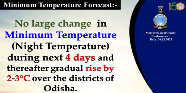 ଆଗାମୀ ୪ ଦିନ ମଧ୍ୟରେ ସର୍ବନିମ୍ନ ତାପମାତ୍ରା(ରାତ୍ରି ତାପମାତ୍ରା)ରେ ବିଶେଷ ପରିବର୍ତନର ସମ୍ଭାବନା ନାହିଁ