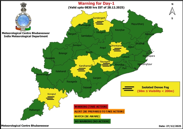 ଘନ କୁହୁଡ଼ି ନେଇ ଆଗାମୀ ୨୪ ଘଂଟା ପାଇଁ ୫ ଜିଲ୍ଲାକୁ ୟେଲୋ ୱାର୍ଣ୍ଣିଂ