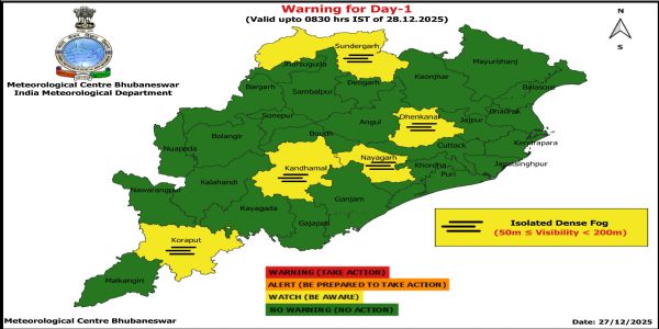 ଘନ କୁହୁଡ଼ି ନେଇ ଆଗାମୀ ୫ ଦିନ ପାଇଁ କେତେକ ଜିଲ୍ଲାକୁ ଚେତାବନୀ :  ଘନ କୁହୁଡ଼ି ନେଇ ଆଗାମୀ ୨୪ ଘଂଟା ପାଇଁ ୫ ଜିଲ୍ଲାକୁ ୟେଲୋ ୱାର୍ଣ୍ଣିଂ
