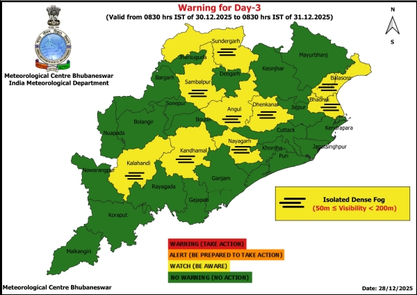 ଘନ କୁହୁଡ଼ି ନେଇ ଆଗାମୀ ୨୪ ଘଂଟା ପାଇଁ ୭ ଜିଲ୍ଲାକୁ ୟେଲୋ ୱାର୍ଣ୍ଣିଂ