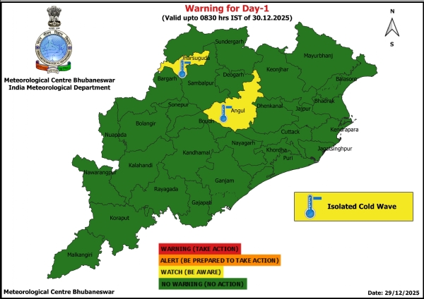 ଘନ କୁହୁଡ଼ି ଓ ଶୀତ ଲହରି ନେଇ ଆଗାମୀ ୨ଦିନ ପାଇଁ ଝାରସୁଗୁଡ଼ା, ଅନୁଗୁଳ ଜିଲ୍ଲାକୁ ୟେଲୋ ୱାର୍ଣ୍ଣିଂ-୨