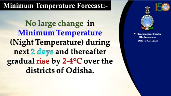 ଆଗାମୀ ୨ ଦିନ ମଧ୍ୟରେ ରାଜ୍ୟରେ ସର୍ବନିମ୍ନ ତାପମାତ୍ରା(ରାତ୍ରି ତାପମାତ୍ରା)ରେ ବିଶେଷ ପରିବର୍ତନର ସମ୍ଭାବନା ନାହିଁ