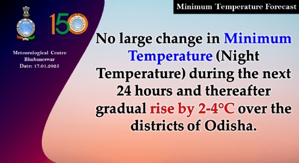 ଆଗାମୀ ୨୪ ଘଂଟା ମଧ୍ୟରେ ରାଜ୍ୟରେ ସର୍ବନିମ୍ନ ତାପମାତ୍ରା(ରାତ୍ରି ତାପମାତ୍ରା)ରେ ବିଶେଷ ପରିବର୍ତନର ସମ୍ଭାବନା ନାହିଁ; ପରେ ୨ରୁ ୪ ଡ଼ିଗ୍ରୀ ବୃଦ୍ଧି ପାଇପାରେ