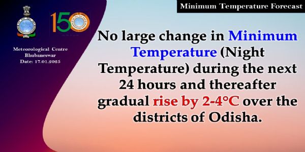ଆଗାମୀ ୨୪ ଘଂଟା ମଧ୍ୟରେ ରାଜ୍ୟରେ ସର୍ବନିମ୍ନ ତାପମାତ୍ରା(ରାତ୍ରି ତାପମାତ୍ରା)ରେ ବିଶେଷ ପରିବର୍ତନର ସମ୍ଭାବନା ନାହିଁ; ପରେ ୨ରୁ ୪ ଡ଼ିଗ୍ରୀ ବୃଦ୍ଧି ପାଇପାରେ