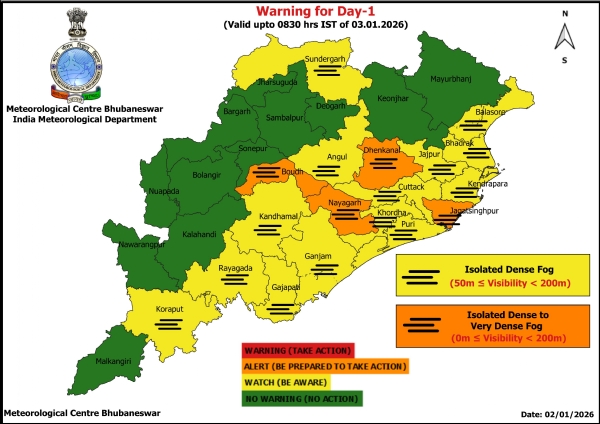 ଆଗାମୀ ୪ ଦିନ ଘନ କୁହୁଡ଼ିରୁ ଅତି ଘନ କୁହୁଡ଼ି ନେଇ କେତେକ ଜିଲ୍ଲାକୁ ଚେତାବନୀ : ଆଗାମୀ ୨୪ ଘଂଟା ପାଇଁ ୪ ଜିଲ୍ଲାକୁ ଅରେଞ୍ଜ ୱାର୍ଣ୍ଣିଂ, ୧୪ ଜିଲ୍ଲାକୁ ୟେଲୋ ୱାର୍ଣ୍ଣିଂ