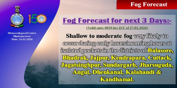 ଆଗାମୀ ୩ ଦିନ ମଧ୍ୟରେ ରାଜ୍ୟର କେତେକ ସ୍ଥାନରେ ହାଲୁକାରୁ ମଧ୍ୟମ ଧରଣର କୁହୁଡ଼ି ସମ୍ଭାବନା