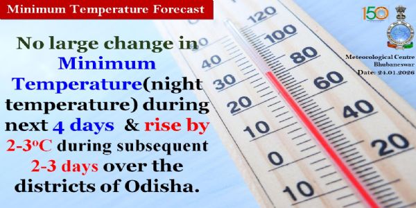 ଆଗାମୀ ୪ ଦିନ ମଧ୍ୟରେ ରାଜ୍ୟରେ ସର୍ବନିମ୍ନ ତାପମାତ୍ରା(ରାତ୍ରି ତାପମାତ୍ରା)ରେ ବିଶେଷ ପରିବର୍ତନର ସମ୍ଭାବନା ନାହିଁ; ପରବର୍ତୀ ୨ରୁ ୩ ଦିନ ମଧ୍ୟରେ ୨ରୁ ୩ ଡ଼ିଗ୍ରୀ ବୃଦ୍ଧି ପାଇପାରେ