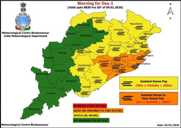 କୁହୁଡି ନେଇ ଆଗାମୀ ୨୪ ଘଂଟା ପାଇଁ ୬ ଜିଲ୍ଲାକୁ ଅରେଞ୍ଜ ୱାର୍ଣ୍ଣିଂ, ୧୨ ଜିଲ୍ଲାକୁ ୟେଲୋ ୱାର୍ଣ୍ଣିଂ