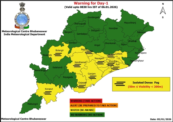 ଘନ କୁହୁଡ଼ି ନେଇ ଆଗାମୀ ୨୪ ଘଂଟା ଅର୍ଥାତ୍ ୬ ତାରିଖ ସକାଳ ସୁଦ୍ଧା ୧୦ ଜିଲ୍ଲାକୁ ୟେଲୋ ୱାର୍ଣ୍ଣିଂ