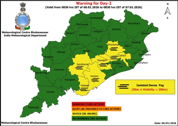 ଘନ କୁହୁଡ଼ି ନେଇ ୬ ତାରିଖ ସକାଳ ଠାରୁ ୭ ତାରିଖ ସକାଳ ସୁଦ୍ଧା ୬ ଜିଲ୍ଲାକୁ ୟେଲୋ ୱାର୍ଣ୍ଣିଂ