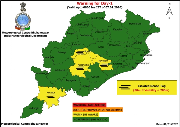 ଘନ କୁହୁଡ଼ି ନେଇ ଆଗାମୀ ୨୪ ଘଂଟା ପାଇଁ ୪ ଜିଲ୍ଲାକୁ ୟେଲୋ ୱାର୍ଣ୍ଣିଂ ଘନ କୁହୁଡ଼ି ନେଇ ଆଗାମୀ ୨୪ ଘଂଟା ପାଇଁ ୪ ଜିଲ୍ଲାକୁ ୟେଲୋ ୱାର୍ଣ୍ଣିଂ