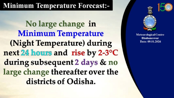 ଆଗାମୀ ୨୪ ଘଂଟା ମଧ୍ୟରେ ରାଜ୍ୟରେ ସର୍ବନିମ୍ନ ତାପମାତ୍ରା(ରାତ୍ରି ତାପମାତ୍ରା)ରେ ବିଶେଷ ପରିବର୍ତନର ସମ୍ଭାବନା ନାହିଁ