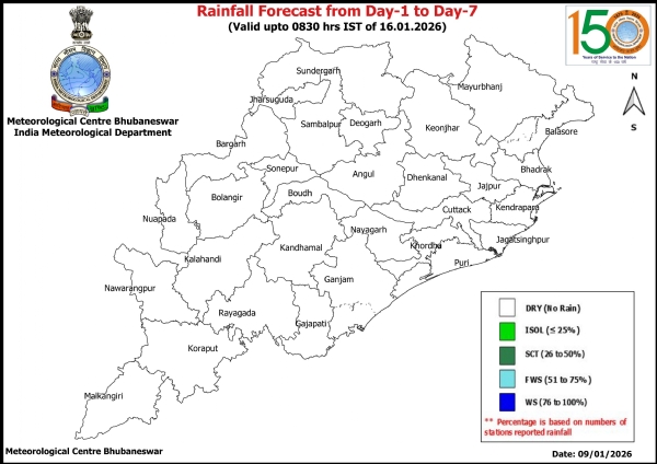 ଆଗାମୀ ୭ ଦିନ ପର୍ଯ୍ୟନ୍ତ ରାଜ୍ୟରେ ପାଗ ମୁଖ୍ୟତଃ ଶୁଖିଲା ରହିବ