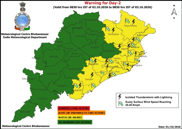 ଝଡ଼ ସହିତ ବଜ୍ରପାତ ଓ ପବନର ସମ୍ଭାବନା ନେଇ ୨ ତାରିଖ ସକାଳ ଠାରୁ ଆସନ୍ତା ୩ ତାରିଖ ସକାଳ ପର୍ଯ୍ୟନ୍ତ ୧୩ ଜିଲ୍ଲାକୁ ୟେଲୋ ୱାର୍ଣ୍ଣିଂ