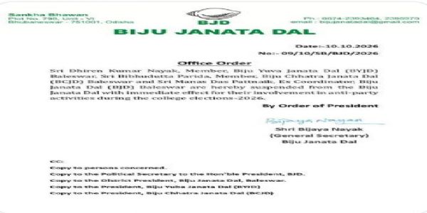 ବିଜେଡିରେ ଦଳ ବିରୋଧୀ କାର୍ଯ୍ୟ ପାଇଁ ବାଲେଶ୍ବରର ୩ ଜଣଙ୍କୁ ଦଳରୁ     ନିଲମ୍ବିତ