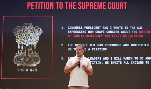 Leader of the Opposition in the Lok Sabha Rahul Gandhi addressing a special press conference of the Congress party at the party headquarters, Indira Bhawan, in New Delhi on Monday.