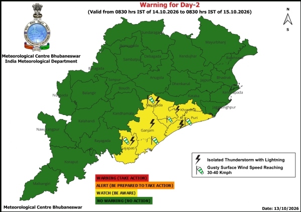 ଝଡ଼ ସହିତ ବଜ୍ରପାତ ଓ ପବନର ସମ୍ଭାବନା ନେଇ ୧୪ ତାରିଖ ସକାଳ ଠାରୁ ୧୫ ତାରିଖ ସକାଳ ପର୍ଯ୍ୟନ୍ତ ୫ ଜିଲ୍ଲାକୁ ୟେଲୋ ୱାର୍ଣ୍ଣିଂ