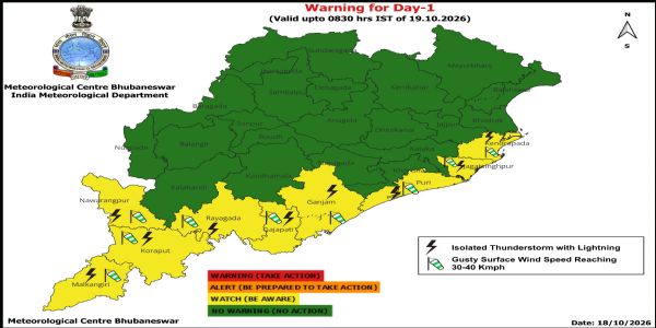 ଝଡ଼ ସହିତ ବଜ୍ରପାତ ଓ ପବନର ସମ୍ଭାବନା ନେଇ ଆଗାମୀ ୨୪ ଘଂଟା ପାଇଁ ୯ ଜିଲ୍ଲାକୁ ୟେଲୋ ୱାର୍ଣ୍ଣିଂ