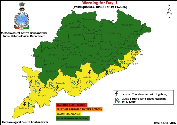 ଝଡ଼ ସହିତ ବଜ୍ରପାତ ଓ ପବନର ସମ୍ଭାବନା ନେଇ ଆଗାମୀ ୨୪ ଘଂଟା ପାଇଁ ୯ ଜିଲ୍ଲାକୁ ୟେଲୋ ୱାର୍ଣ୍ଣିଂ