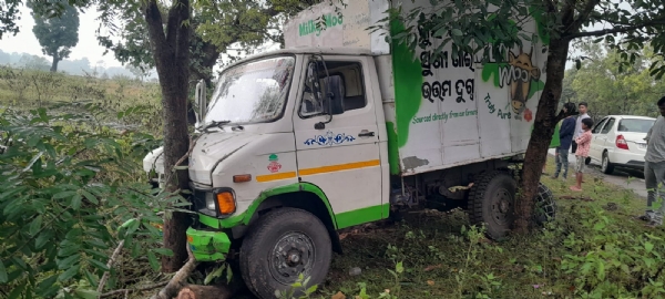 ଭାରସାମ୍ୟ ହରାଇ ଗଛରେ ପିଟିହେଲା କ୍ଷୀର ଗାଡ଼ି  ଚାଳକ ସୁରକ୍ଷିତ, ୩୦ ଫୁଟ୍ ଖାଲକୁ ଖସିବାରୁ ବର୍ତ୍ତିଲା