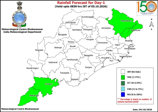 ଆଗାମୀ ୭ ଦିନ ରାଜ୍ୟର କେତେକ ସ୍ଥାନରେ ହାଲୁକାରୁ ମଧ୍ୟମ ଧରଣର ବର୍ଷା ସମ୍ଭାବନା