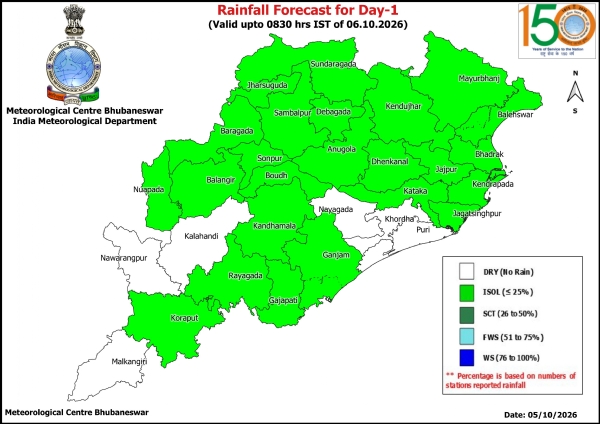 ଆଗାମୀ ୭ ଦିନ ରାଜ୍ୟର କେତେକ ସ୍ଥାନରେ ହାଲୁକାରୁ ମଧ୍ୟମ ଧରଣର ବର୍ଷା ସମ୍ଭାବନା ଆଗାମୀ ୭ ଦିନ ରାଜ୍ୟର କେତେକ ସ୍ଥାନରେ ହାଲୁକାରୁ ମଧ୍ୟମ ଧରଣର ବର୍ଷା ସମ୍ଭାବନା