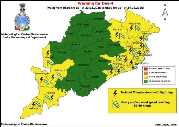 ୨୩ ତାରିଖ ସକାଳ ଠାରୁ ୨୪ ତାରିଖ ସକାଳ ପର୍ଯ୍ୟନ୍ତ ଝଡ଼ ସହିତ ବଜ୍ରପାତ ଓ ପବନ ନେଇ ୧୫ ଜିଲ୍ଲାକୁ ୟେଲୋ ୱାର୍ଣ୍ଣିଂ