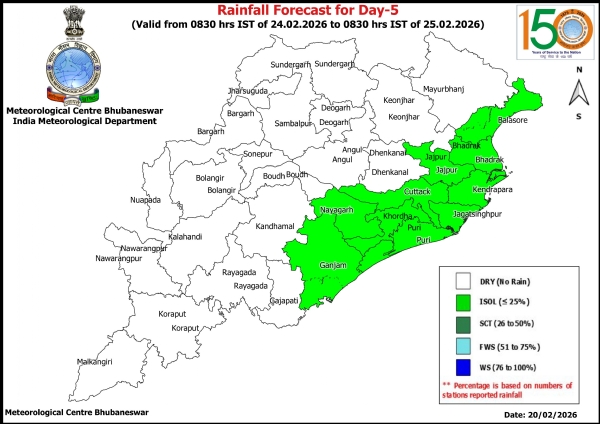 ୨୩ ତାରିଖ ସକାଳ ଠାରୁ ୨୫ ତାରିଖ ସକାଳ ସୁଦ୍ଧା ରାଜ୍ୟର କେତେକ ଜିଲ୍ଲାରେ ହାଲୁକାରୁ ମଧ୍ୟମ ଧରଣର ବର୍ଷା କିମ୍ବା ଥଣ୍ଡା ପାଗ ଅନୁଭୂତ ହୋଇପାରେ-୨