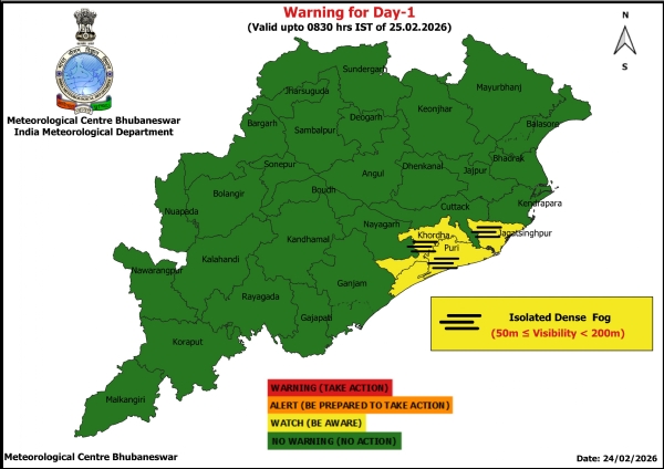 ଆଗାମୀ ୨୪ ଘଂଟା ମଧ୍ୟରେ ଘନ କୁହୁଡ଼ି ନେଇ ୩ ଜିଲ୍ଲାକୁ ୟେଲୋ ୱାର୍ଣ୍ଣିଂ