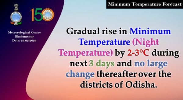 ଆଗାମୀ ୩ ଦିନ ମଧ୍ୟରେ ରାଜ୍ୟରେ ସର୍ବନିମ୍ନ ତାପମାତ୍ରା(ରାତି ତାପମାତ୍ରା) ଧିରେ ଧିରେ ୨ରୁ ୩ ଡ଼ିଗ୍ରୀ ବୃଦ୍ଧି ପାଇବାର ସମ୍ଭାବନା
