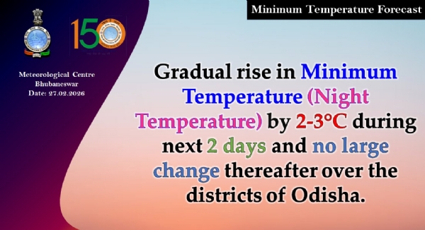 ଆଗାମୀ ୨ ଦିନ ମଧ୍ୟରେ ରାଜ୍ୟରେ ସର୍ବନିମ୍ନ ତାପମାତ୍ରା(ରାତି ତାପମାତ୍ରା) ଧିରେ ଧିରେ ୨ରୁ ୩ ଡ଼ିଗ୍ରୀ ବୃଦ୍ଧି ପାଇବାର ସମ୍ଭାବନା