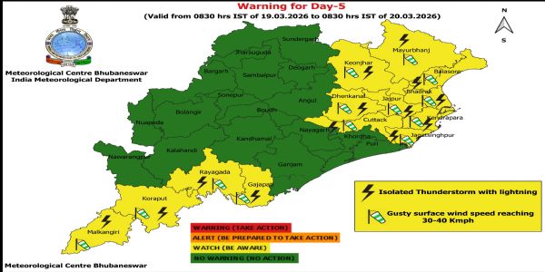 ଝଡ଼, ବଜ୍ରପାତ ଏବଂ ପବନର ସମ୍ଭାବନା ନେଇ ଆଗାମୀ ୫ ଦିନ ରାଜ୍ୟର କେତେକ ଜିଲ୍ଲାକୁ ଚେତାବନୀ : ୧୬ ତାରିଖ ସକାଳ ଠାରୁ ୧୭ ତାରିଖ ସକାଳ ସୁଦ୍ଧା କୁଆପଥରଝଡ଼ ନେଇ ମୟୂରଭଞ୍ଜ ଜିଲ୍ଲାକୁ ଅରେଞ୍ଜ ୱାର୍ଣ୍ଣିଂ