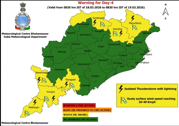 ୧୮ ତାରିଖ ସକାଳ ଠାରୁ ୧୯ ତାରିଖ ସକାଳ ସୁଦ୍ଧା ଝଡ଼, ବଜ୍ରପାତ ଏବଂ ପବନର ସମ୍ଭାବନା ନେଇ ୭ ଜିଲ୍ଲାକୁ ୟେଲୋ ୱାର୍ଣ୍ଣିଂ ୧୮ ତାରିଖ ସକାଳ ଠାରୁ ୧୯ ତାରିଖ ସକାଳ ସୁଦ୍ଧା ଝଡ଼, ବଜ୍ରପାତ ଏବଂ ପବନର ସମ୍ଭାବନା ନେଇ ୭ ଜିଲ୍ଲାକୁ ୟେଲୋ ୱାର୍ଣ୍ଣିଂ