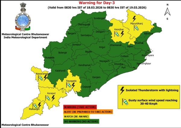 ୧୮ ତାରିଖ ସକାଳ ଠାରୁ ୧୯ ତାରିଖ ସକାଳ ସୁଦ୍ଧା ଝଡ଼, ବଜ୍ରପାତ ଏବଂ ପବନର ସମ୍ଭାବନା ନେଇ ୬ ଜିଲ୍ଲାକୁ ୟେଲୋ ୱାର୍ଣ୍ଣିଂ ୧୮ ତାରିଖ ସକାଳ ଠାରୁ ୧୯ ତାରିଖ ସକାଳ ସୁଦ୍ଧା ଝଡ଼, ବଜ୍ରପାତ ଏବଂ ପବନର ସମ୍ଭାବନା ନେଇ ୬ ଜିଲ୍ଲାକୁ ୟେଲୋ ୱାର୍ଣ୍ଣିଂ