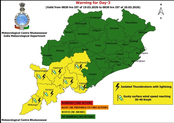 ୧୯ ତାରିଖ ସକାଳ ଠାରୁ ୨୦ ତାରିଖ ସକାଳ ସୁଦ୍ଧା ଝଡ଼, ବଜ୍ରପାତ ଏବଂ ପବନର ସମ୍ଭାବନା ନେଇ ୭ ଜିଲ୍ଲାକୁ ୟେଲୋ ୱାର୍ଣ୍ଣିଂ