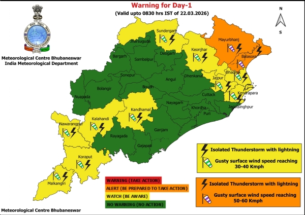 ଝଡ଼, ବଜ୍ରପାତ ଏବଂ ପବନର ସମ୍ଭାବନା ନେଇ ଆଗାମୀ ୨ ଦିନ ପାଇଁ ରାଜ୍ୟର କେତେକ ଜିଲ୍ଲାକୁ ଚେତାବନୀ : ଆଗାମୀ ୨୪ ଘଂଟା ପାଇଁ ୨ ଜିଲ୍ଲାକୁ ଅରେଞ୍ଜ ୱାର୍ଣ୍ଣିଂ, ୧୦ ଜିଲ୍ଲାକୁ ୟେଲୋ ୱାର୍ଣ୍ଣିଂ