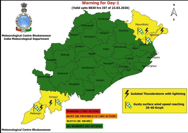 ଆଗାମୀ ୨୪ ଘଂଟା ମଧ୍ୟରେ ଝଡ଼, ବଜ୍ରପାତ ଏବଂ ପବନର ସମ୍ଭାବନା ନେଇ ୪ ଜିଲ୍ଲାକୁ ୟେଲୋ ୱାର୍ଣ୍ଣିଂ