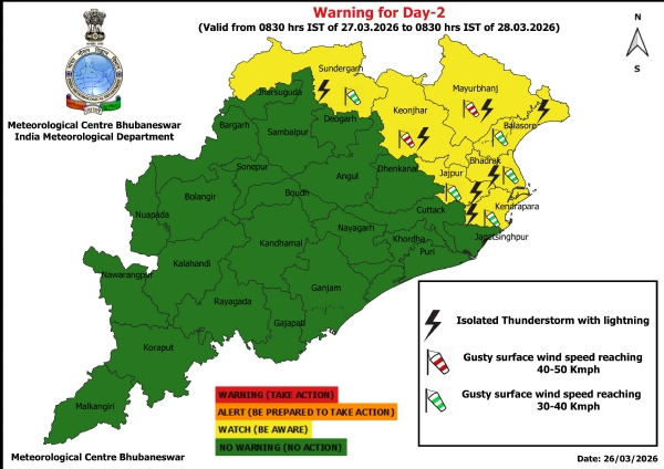 ୨୭ ତାରିଖ ସକାଳ ଠାରୁ ୨୮ ତାରିଖ ସକାଳ ସୁଦ୍ଧା ଝଡ଼, ବଜ୍ରପାତ ଏବଂ ପବନର ସମ୍ଭାବନା ନେଇ ୭ ଜିଲ୍ଲାକୁ ୟେଲୋ ୱାର୍ଣ୍ଣିଂ