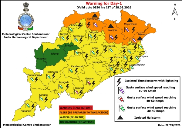 କୁଆପଥର ଝଡ଼, ବଜ୍ରପାତ ଓ ପବନର ସମ୍ଭାବନା ନେଇ ଆଗାମୀ ୨୪ ଘଂଟା ପାଇଁ ୪ ଜିଲ୍ଲାକୁ ଅରେଞ୍ଜ ୱାର୍ଣ୍ଣିଂ; ଝଡ଼, ବଜ୍ରପାତ ଓ ପବନର ସମ୍ଭାବନା ନେଇ ୨୩ ଜିଲ୍ଲାକୁ ୟେଲୋ ୱାର୍ଣ୍ଣିଂ