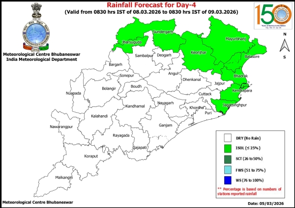 ପରବର୍ତୀ ୨ ଦିନ କେତେକ ଜିଲ୍ଲାରେ ହାଲୁକାରୁ ମଧ୍ୟମ ଧରଣର ବର୍ଷା ସମ୍ଭାବନା
