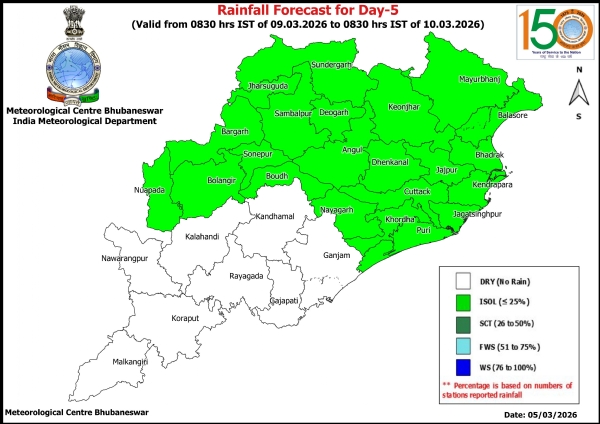 ପରବର୍ତୀ ୨ ଦିନ କେତେକ ଜିଲ୍ଲାରେ ହାଲୁକାରୁ ମଧ୍ୟମ ଧରଣର ବର୍ଷା ସମ୍ଭାବନା