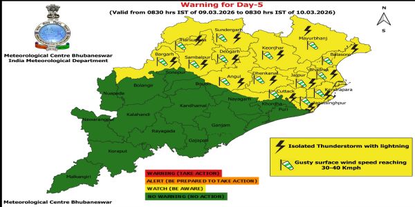 ଝଡ଼ ସହିତ ବଜ୍ରପାତ ଓ ପବନ ୮ରୁ ୧୦ ତାରିଖ କେତେକ ଜିଲ୍ଲାକୁ ୟେଲୋ ୱାର୍ଣ୍ଣିଂ