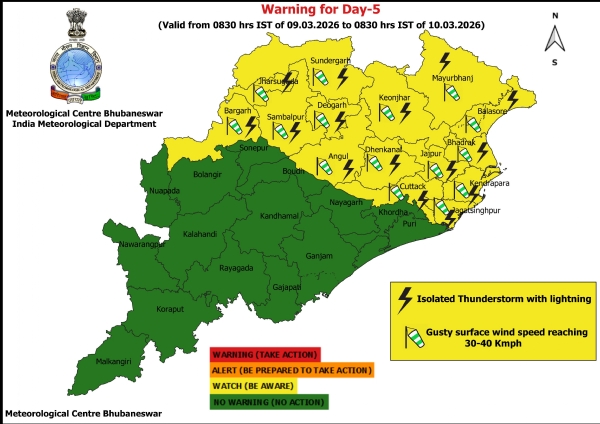 ୯ ତାରିଖ ସକାଳ ଠାରୁ ୧୦ ତାରିଖ ସକାଳ ପର୍ଯ୍ୟନ୍ତ ୧୫ ଜିଲ୍ଲାକୁ ୟେଲୋ ୱାର୍ଣ୍ଣିଂ ୯ ତାରିଖ ସକାଳ ଠାରୁ ୧୦ ତାରିଖ ସକାଳ ପର୍ଯ୍ୟନ୍ତ ୧୫ ଜିଲ୍ଲାକୁ ୟେଲୋ ୱାର୍ଣ୍ଣିଂ