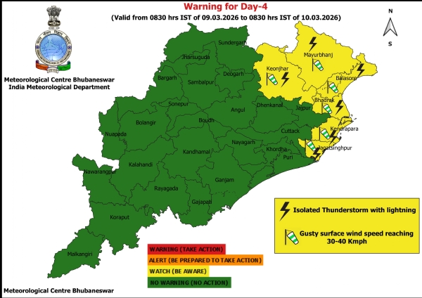 ୯ ତାରିଖ ସକାଳ ଠାରୁ ୧୦ ତାରିଖ ସକାଳ ସୁଦ୍ଧା ଝଡ଼, ବଜ୍ରପାତ ଏବଂ ପବନ ନେଇ ୬ ଜିଲ୍ଲାକୁ ୟେଲୋ ୱାର୍ଣ୍ଣିଂ